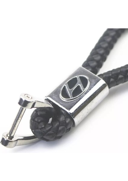 Örgülü Deri Anahtarlık - Logo Siyah Deri Örgü Anahtarlık Hyundai ile Uyumlu