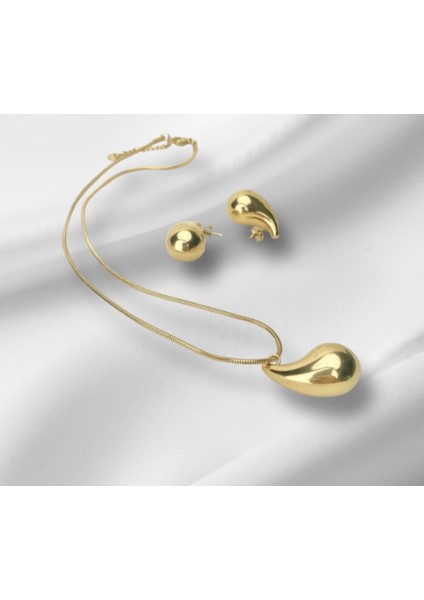 Kadın Bottega Gold Çelik Küpe+Kolye Seti