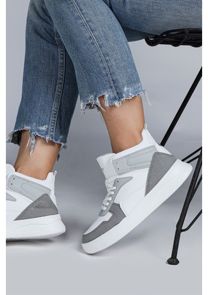 29100 Yüksek Bilekli Gri - Beyaz Kadın Sneaker Günlük Spor Ayakkabı fırsatları