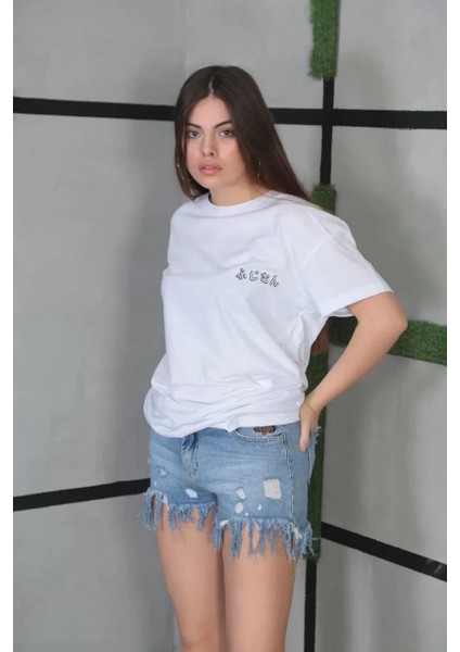 Bisiklet Yaka Baskılı Oversize T-Shirt Beyaz
