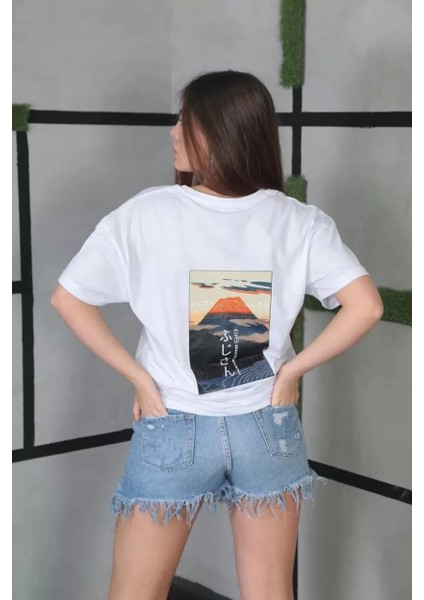 Bisiklet Yaka Baskılı Oversize T-Shirt Beyaz