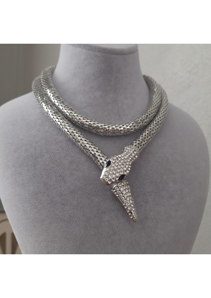 Vip Serisi Taşlı Sarmal Yılan Gümüş Renk Kadın Kolye fiyatları