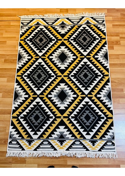 Çift Taraflı Kilim Yolluk Yıkanabilir Etnik Halı Sarı Figürlü Modern Iskandinav Halı