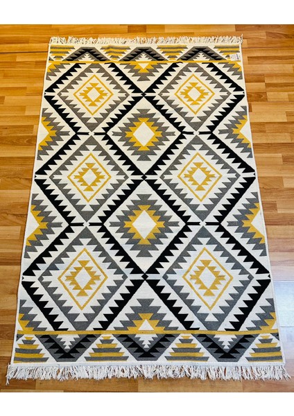 Çift Taraflı Kilim Yolluk Yıkanabilir Etnik Halı Sarı Figürlü Modern Iskandinav Halı