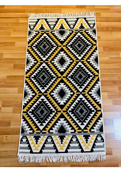 Çift Taraflı Kilim Yolluk Yıkanabilir Etnik Halı Sarı Figürlü Modern Iskandinav Halı