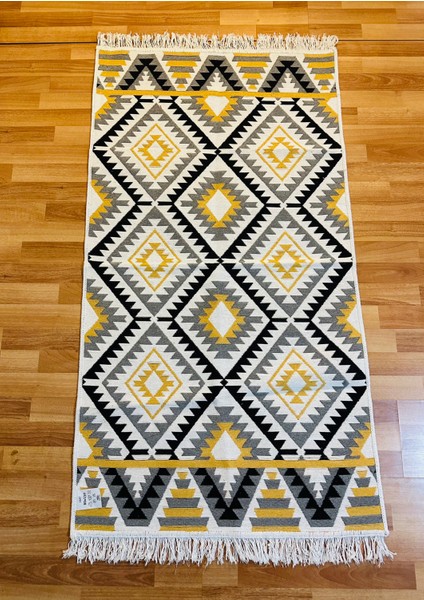 Çift Taraflı Kilim Yolluk Yıkanabilir Etnik Halı Sarı Figürlü Modern Iskandinav Halı