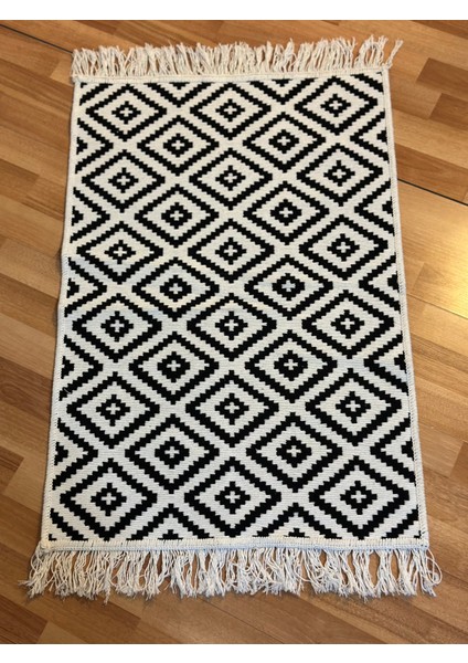 Çift Taraflı Kilim Yolluk Yıkanabilir Etnik Halı Siyah Beyaz Figürlü Modern Iskandinav Halı