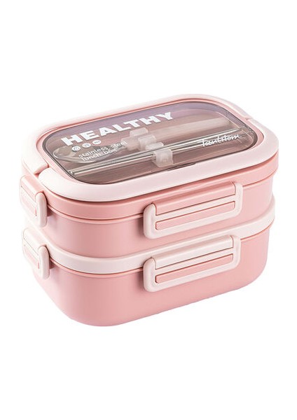 Pembe Paslanmaz Celık 2 Katlı Chopstıck ve Kasıklı Yemek Tasıma Kabı 1.65L