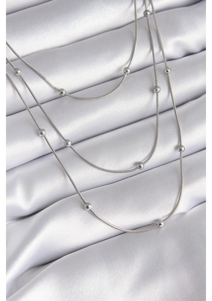 316L Çelik Gümüş Renk 3'lü Topçuk Detay Kadın Kolye