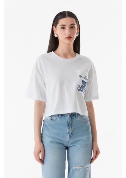 Nakışlı Cepli Crop T-Shirt