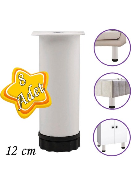 8 Adet Metal Ayarlanabilir 12 cm Beyaz Destek Ayağı Mobilya Kanepe Baza Koltuk Dolap Sehpa Tv Ünitesi Ayağı