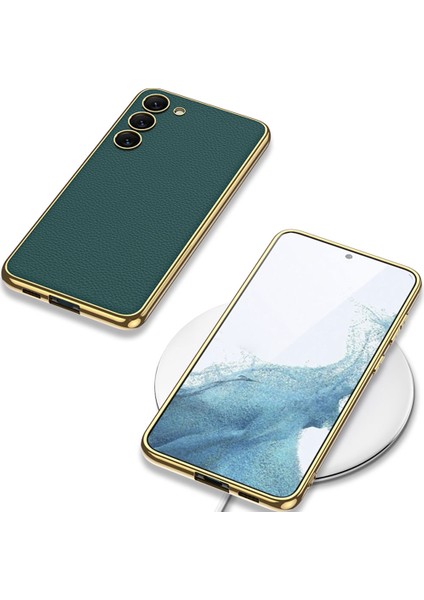Galaxy S23 Uyumlu Deri Görünümlü Kenarları Elektroplating Kaplama Fizyon Kapak-Pembe