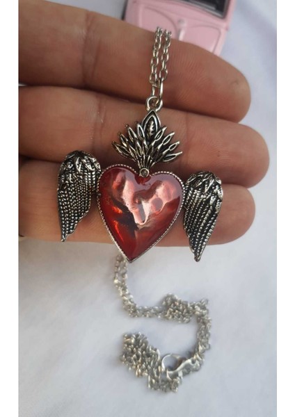 Kırmızı Mineli Feathers Heart Kolye