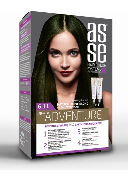 Adventure Set Saç Boyası, Kalıcı ve Canlı Renkler 1+1 İki Kullanım Seti (No:6.11 Doğal Zeytin Sarı)
