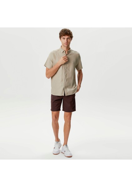 Erkek Bej Classic Fit Kısa Kollu Keten Gömlek W35100T.1FS
