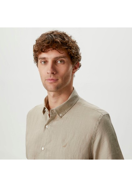 Erkek Bej Classic Fit Kısa Kollu Keten Gömlek W35100T.1FS