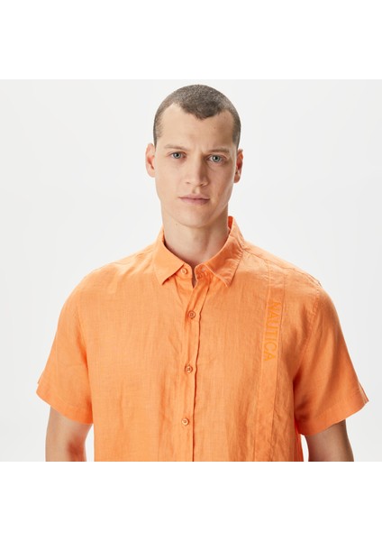 Erkek Turuncu Classic Fit Kısa Kollu Keten Gömlek W35414T.62L