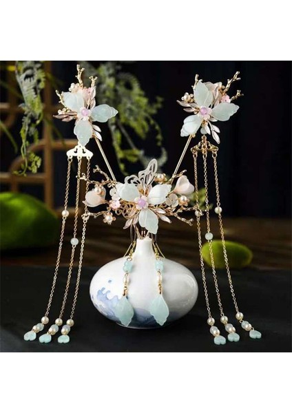 Resim1 Hanfu Headdress Püskül Adım Sallayarak Firkete Antika Tarzı Saç Taç Firkete Antik Peri Saç Aksesuarları Tam Set (Yurt Dışından) fırsatları