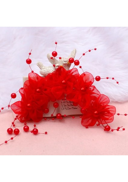 Kırmızı El Örgüsü Inci Püskül Dantel Çiçek Kafa Bandı Kırmızı Beyaz Düğün Tiara Saç Aksesuarları Gelin Headdress (Yurt Dışından)
