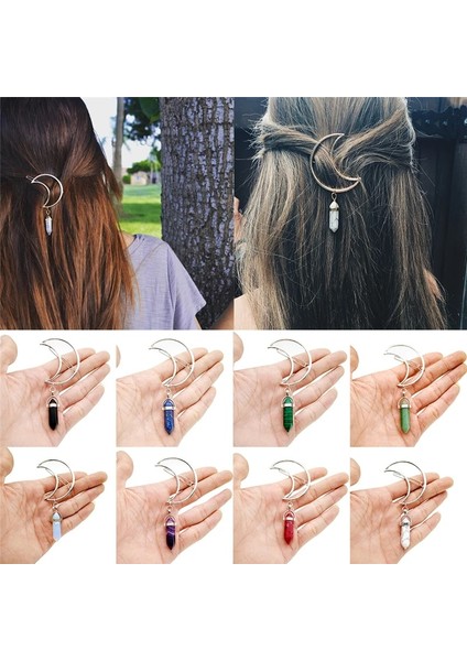 Yeşil Vintage Moda Kadın Cresent Moon Saç Klipleri Kuvars Altıgen Doğal Taş Mermi Prizma Charm Firkete Hediyeler (Yurt Dışından)