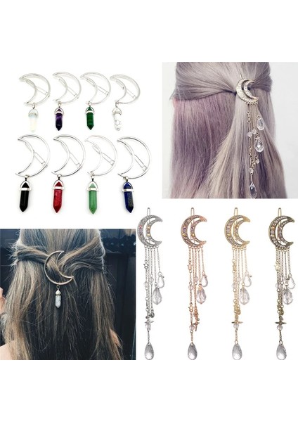 Yeşil Vintage Moda Kadın Cresent Moon Saç Klipleri Kuvars Altıgen Doğal Taş Mermi Prizma Charm Firkete Hediyeler (Yurt Dışından)