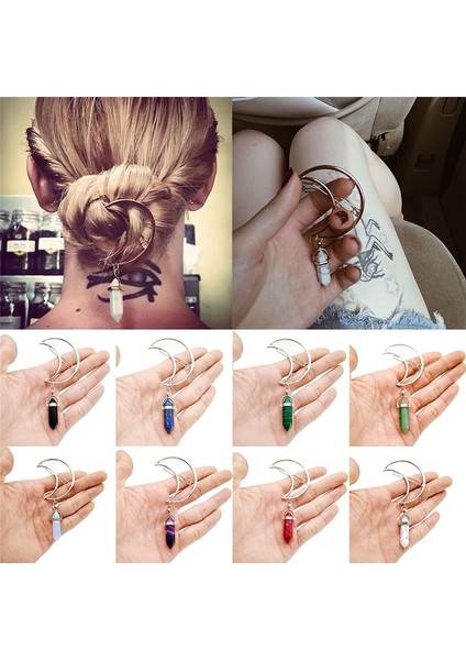 Yeşil Vintage Moda Kadın Cresent Moon Saç Klipleri Kuvars Altıgen Doğal Taş Mermi Prizma Charm Firkete Hediyeler (Yurt Dışından)