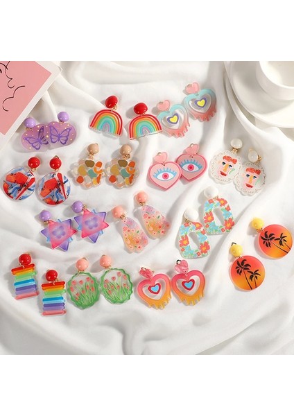 N Yaz Moda Renkli Kabartmalı Baskı Klip Küpe Çiçek Gökkuşağı Kelebek Akrilik Kalp Olmayan Deldi Dangle Küpe (Yurt Dışından) modelleri