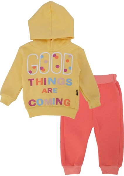 Kız Bebek Yazı Baskılı Kapüşonlu 2'li Alt Üst Eşofman Takım 3ip