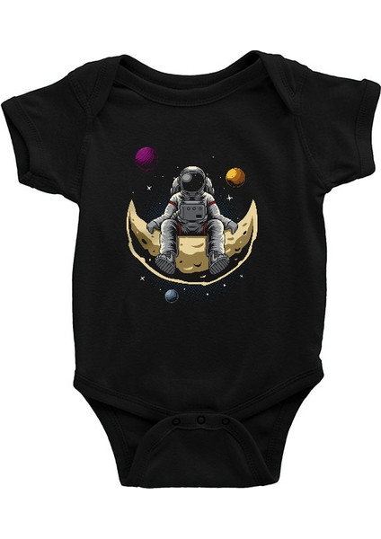 Ayda Oturan Astronot Siyah Unisex Bebek Body - Zıbın