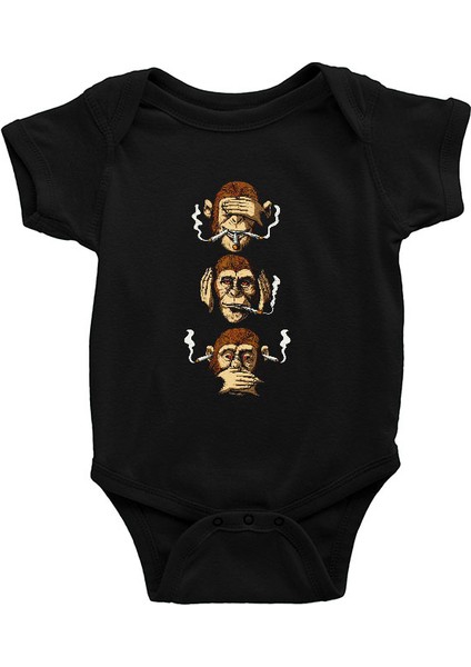 Sigara Içen 3 Maymun Siyah Unisex Bebek Body - Zıbın