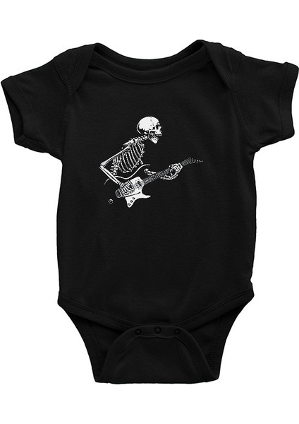 Elektro Gitar Çalan Kurukafa Siyah Unisex Bebek Body - Zıbın