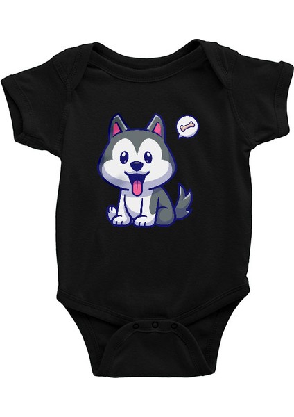 Yavru Şirin Sibirya Kurdu Husky Haski Siyah Unisex Bebek Body - Zıbın