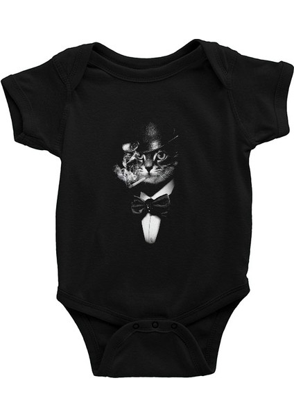 Smokinli Sigara Içen Kedi Siyah Unisex Bebek Body - Zıbın