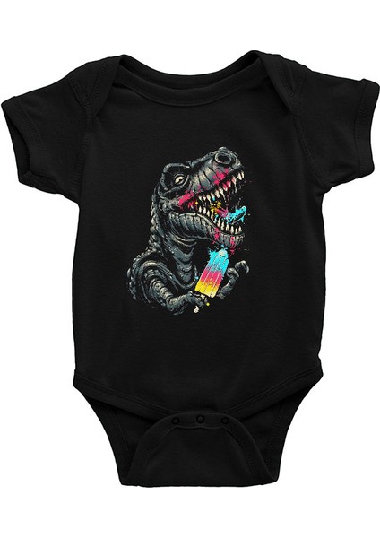 T-Rex Dinozor Siyah Unisex Bebek Body - Zıbın