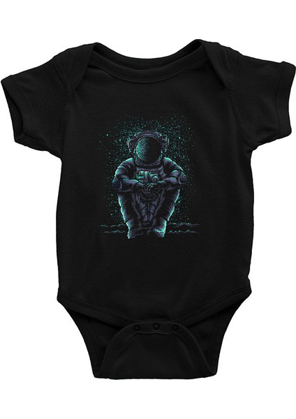 Ayda Bekleyen Astronot Siyah Unisex Bebek Body - Zıbın