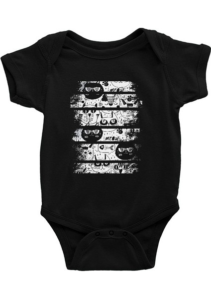 Meow Siyah Beyaz Kediler Siyah Unisex Bebek Body - Zıbın