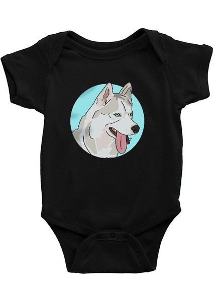 Mavi Gözlü Sibirya Kurdu Husky Haski Siyah Unisex Bebek Body - Zıbın