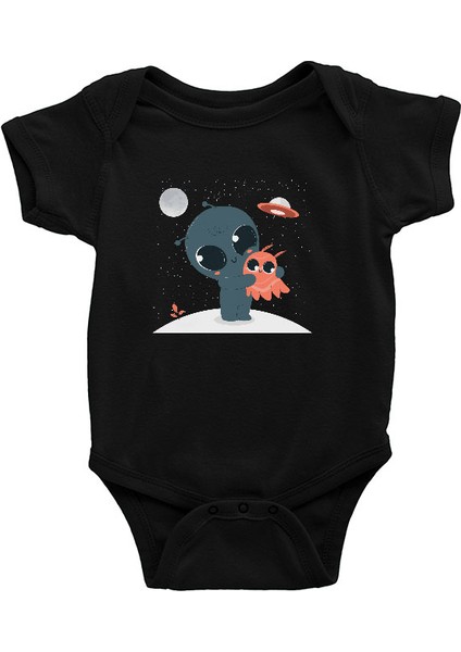 Sevimli Uzaylı Alien Siyah Unisex Bebek Body - Zıbın