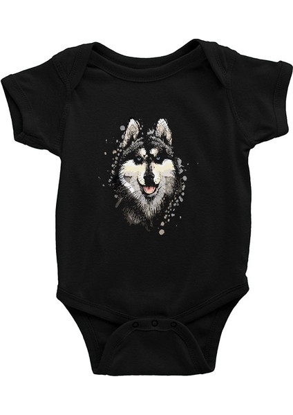 Sanatsal Sibirya Kurdu Husky Haski Siyah Unisex Bebek Body - Zıbın