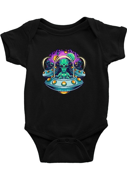 Alien Istilası Siyah Unisex Bebek Body - Zıbın