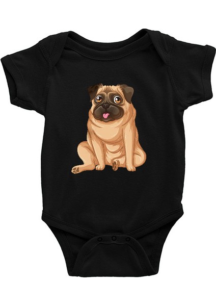 Oturan Yorgun Pug Siyah Unisex Bebek Body - Zıbın