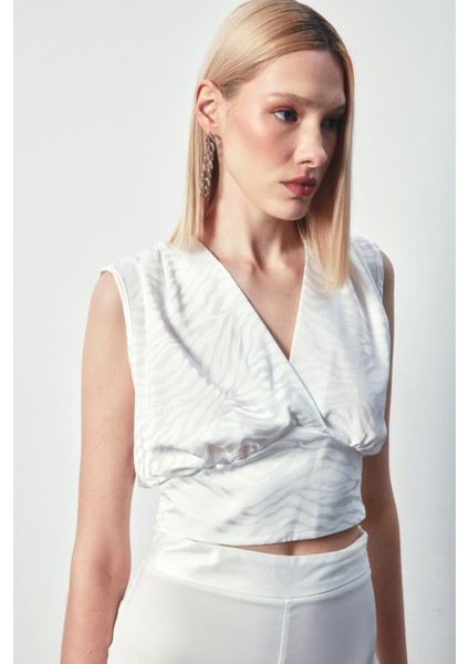 Kruvaze Desenli Saten Bluz - Ekru fiyatları