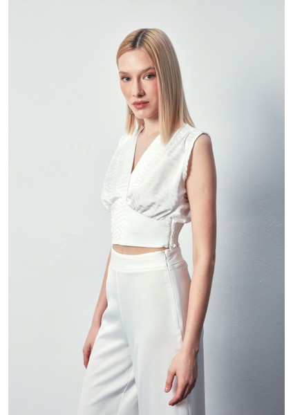 Kruvaze Desenli Saten Bluz - Ekru modelleri