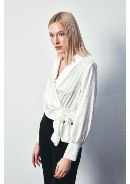 Yan Kuşaklı Saten Bluz - Ekru indirimleri