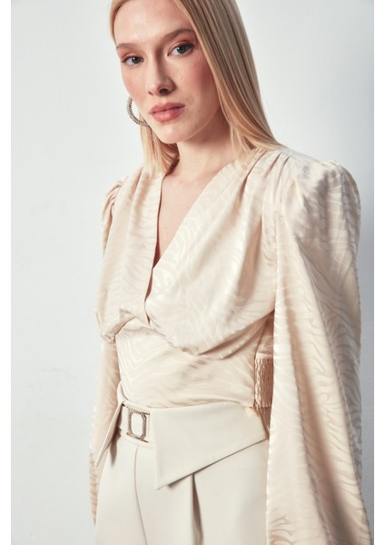 Desenli Kruvaze Saten Bluz - Bej modelleri