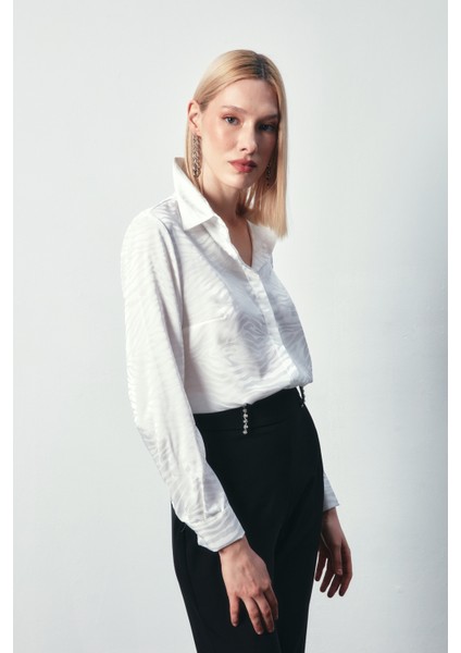 Desenli Düz Klasik Gömlek - Ekru modelleri