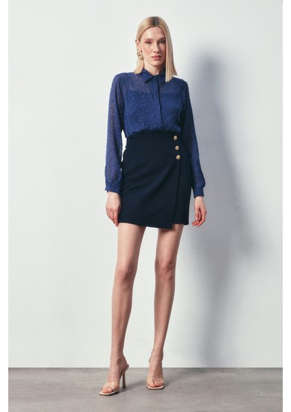 Kruvaze Düğme Detaylı Etek - Lacivert