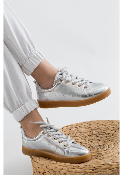 Giselle Lazer Baskılı Kauçuk Taban Kadın Spor Ayakkabı Gümüş