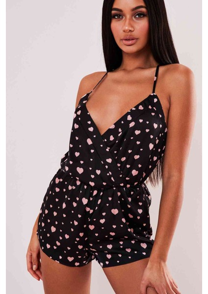 Kalp Baskılı Şık Tulum Pijama Takımı Siyah