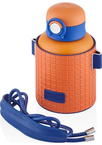 Dıller 680ML Moda Waffle Çizgili Deri Kılıf Pipetli Askılı Kilitlenebilir Kapak Çelik Termos Matara